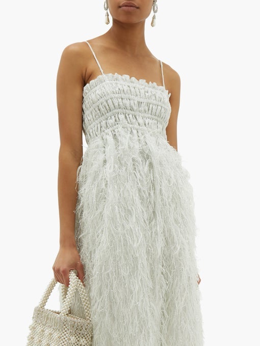 Feather-Trimmed Shirred Lamé Midi Dress